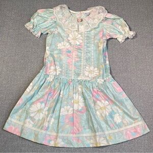 Vintage Bryan Girls Size 10? Floral Dress Cottage Prairie Lace Collar Pink Green